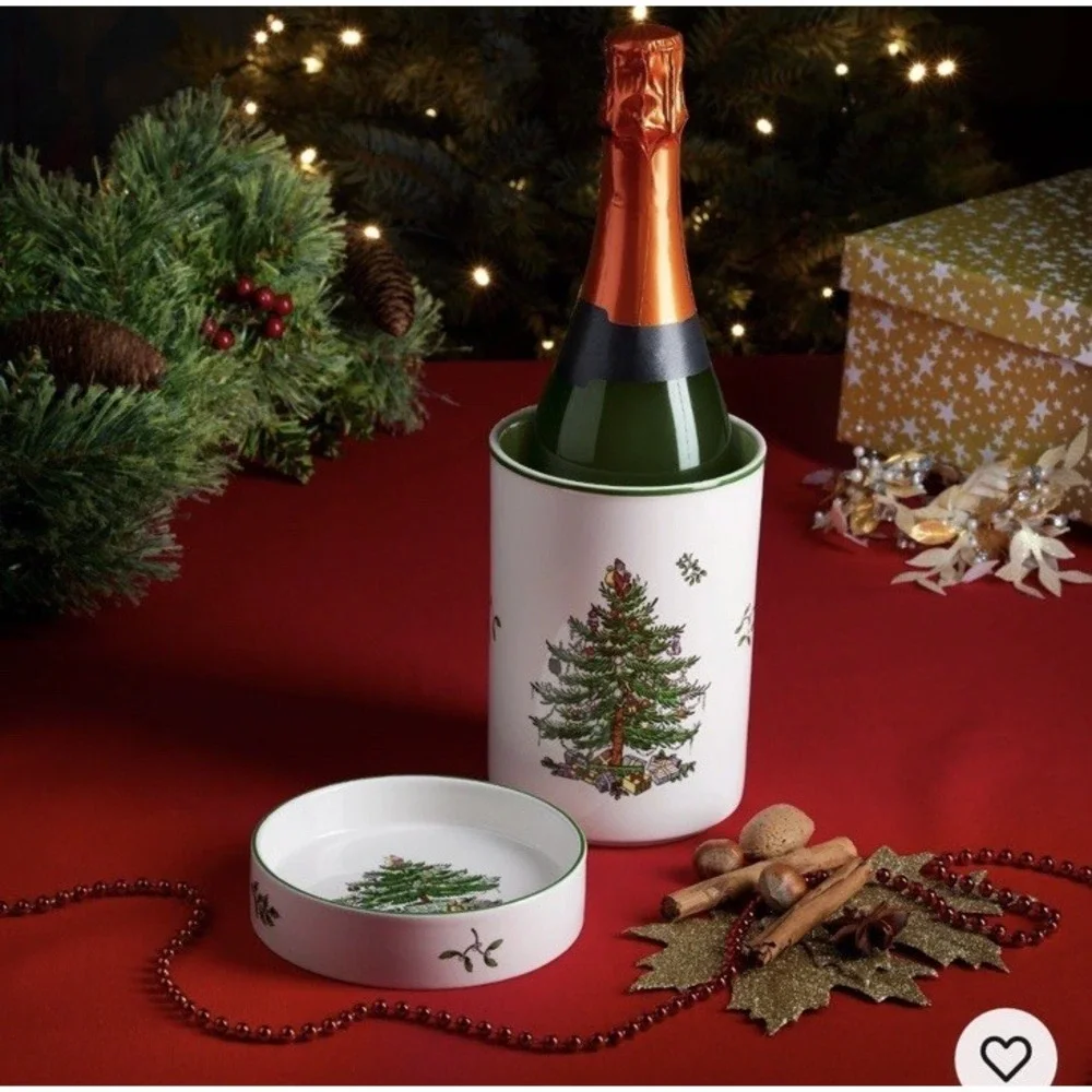 Spode Christmas Tree Tartan Wine Chiller & Coaster Bottle Cooler Set Gift Boxed